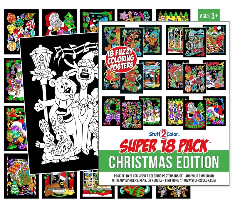 Stuff2Color Super Pack of 18 Fuzzy Velvet Coloring Posters (Christmas Edition) - Excellent Family Time Craft Project to Share and Color - All Ages DIY Coloring Fun (Kids, Toddlers, and Adults) (1 Pack) - Image 1